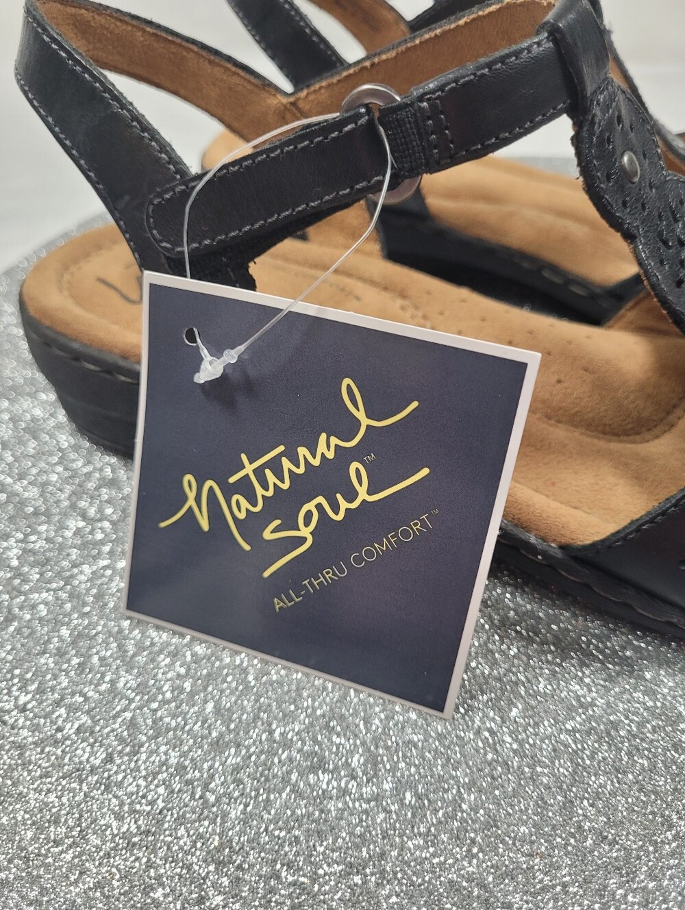 Natural Soul Barton Black Leather Slingback Sandals Laser Cut 9M New - Picture 11 of 12